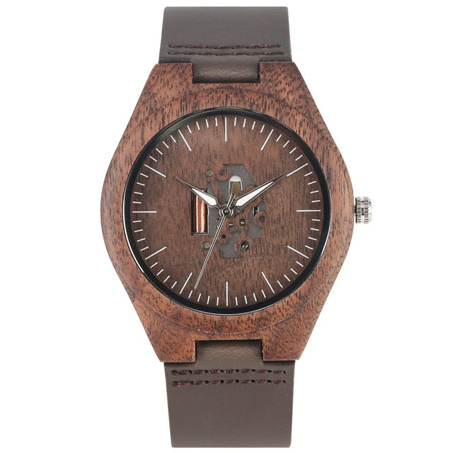Coffee Brown Lovers Wood Watch Creative Arts Hollow Couple Timepiece Casual Men's Genuine Leather Watches Lady Wristwatches Gift