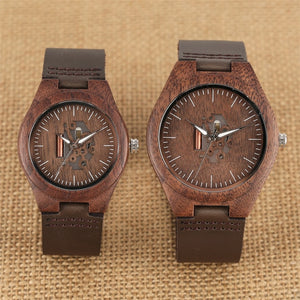 Coffee Brown Lovers Wood Watch Creative Arts Hollow Couple Timepiece Casual Men's Genuine Leather Watches Lady Wristwatches Gift